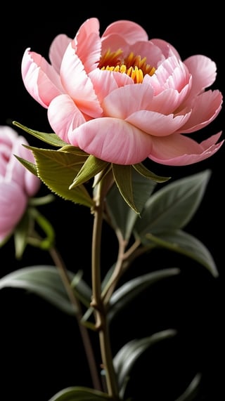 one peony flower with two larger green leaves, colorful, high contrast, detailed, soft natural lighting, vibrant and saturated colors,puer black background, 
empty at the top of the picture

high resolution,realistic,masterfully captured,macro detail beautiful 

