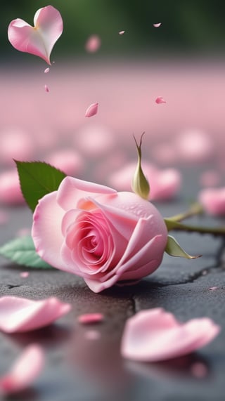 one pink blooming rose,(falling petals),blur background, and the petals formed a heart shape on the ground,
photorealistic

