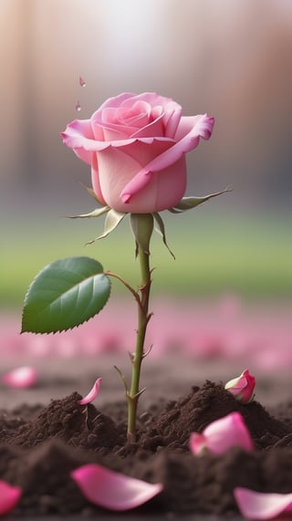  blurred background, a pink rose with 2 leaves sprouting from the soil, vibrant and flawless, (falling petals:1.2),and the petals falling to the ground and formed a heart shape
photorealistic

