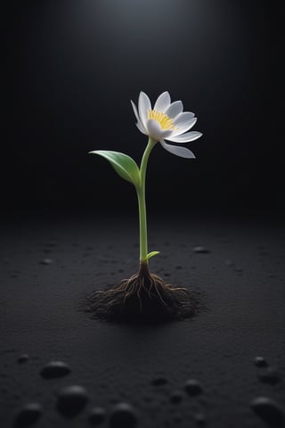 blank pure lightblack backround with one  sprouting seed on the ground at the bottom of the picture, 2 blooming flowers，with a thin root system,photorealistic，

minimalist hologram