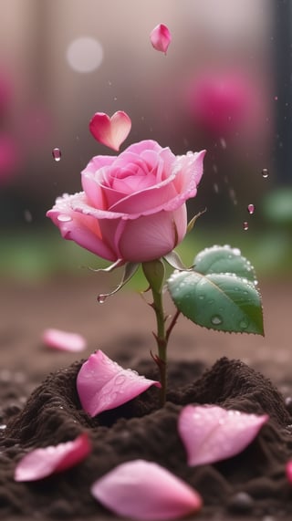  blurred background, a pink rose with 2 leaves sprouting from the soil and covered in dew, vibrant and flawless, (falling petals:1.2),and the petals falling to the ground and formed a heart shape,close-up shot.
photorealistic

