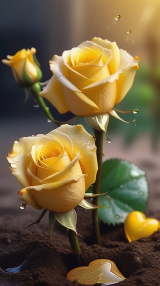 yellow blooming roses grows from the soil,vibrant and dripping with dew like a virgin beauty,(falling petals),(blur background),and the petals formed a lovely heart on the ground,
photorealistic

