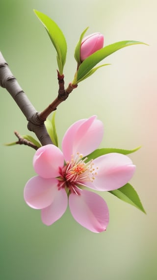 a peach tree branch with one pink flower and one bud, simple pure blank background,colorful, high contrast, detailed flower petals, green leaves, soft natural lighting, delicate and intricate branches, vibrant and saturated colors, high resolution,realistic,masterfully captured,macro detail beautiful 

