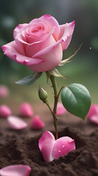 a pink rose with two leaves sprouting from the soil, vibrant and flawless, the background blurred, (falling petals:1.2),and the petals falling to the ground to form a heart shape
photorealistic

