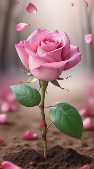 a pink rose with two leaves sprouting from the soil, vibrant and flawless, the background blurred, (falling petals:1.2),and the petals falling to the ground to form a heart shape
photorealistic

