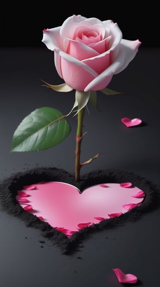 blank pure lightblack backround with one pink blooming rose,the petals are falling, and there are many petals makd up a love heart on the ground,with a thin root system,
photorealistic

