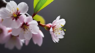 very closeup, a cherry tree branch with flowers, simple lightblack background, sharp focus, colorful, high contrast, detailed flower petals, fresh green leaves, soft natural lighting, delicate and intricate branches, vibrant and saturated colors, high resolution, realistic, fine textures, exquisite details, realistic, bokeh effect, masterfully captured, visually captivating, visually stunning,macro detail beautiful 

realistic,photo_(medium),photorealistic

