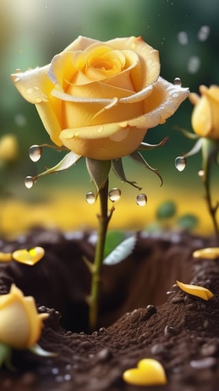 yellow blooming roses grows from the soil,vibrant and dripping with dew like a virgin beauty,(falling petals),(blur background),and the petals formed a lovely heart on the ground,
photorealistic

