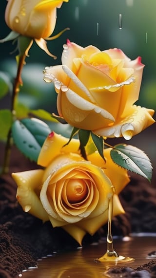 yellow blooming roses grows from the soil,vibrant and dripping with dew like a virgin beauty,(falling petals),(blur background),and the petals formed a lovely heart on the ground,
photorealistic

