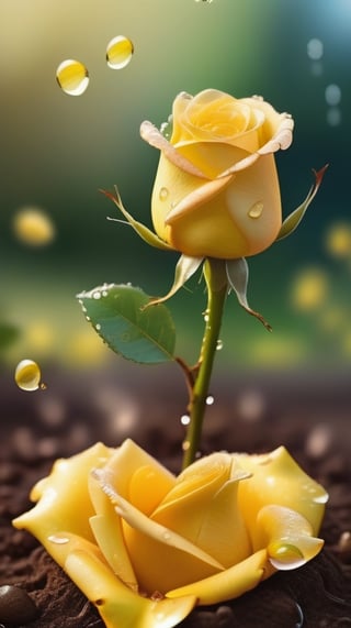 yellow blooming roses grows from the soil,vibrant and dripping with dew like a virgin beauty,(falling petals),(blur background),and the petals formed a lovely heart on the ground,
photorealistic

