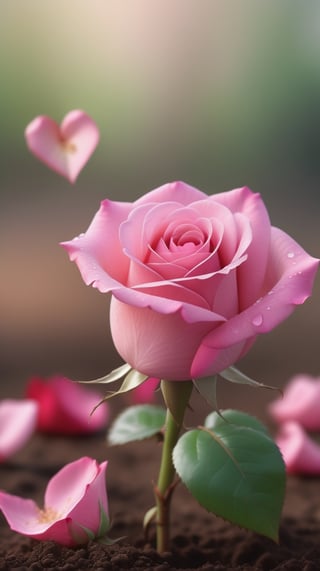  blurred background, a pink rose with 2 leaves sprouting from the soil, vibrant and flawless, (falling petals:1.2),and the petals falling to the ground and formed a heart shape
photorealistic

