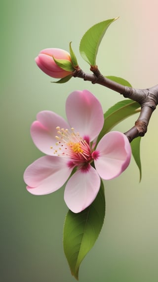 a peach tree branch with one pink flower and one bud, simple pure blank background,colorful, high contrast, detailed flower petals, green leaves, soft natural lighting, delicate and intricate branches, vibrant and saturated colors, high resolution,realistic,masterfully captured,macro detail beautiful 

