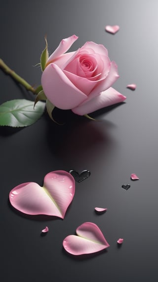 blank pure lightblack backround with one pink blooming rose,the petals are falling, and there are many petals makd up a love heart on the ground,with a thin root system,
photorealistic

