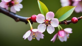 very closeup, a cherry tree branch with flowers, simple lightblack background, sharp focus, colorful, high contrast, detailed flower petals, fresh green leaves, soft natural lighting, delicate and intricate branches, vibrant and saturated colors, high resolution, realistic, fine textures, exquisite details, realistic, bokeh effect, masterfully captured, visually captivating, visually stunning,macro detail beautiful 

realistic,photo_(medium),photorealistic

