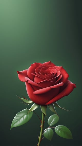 blank pure green backround with one  red blooming rose,beautiful and lustful,the petals are falling on the ground,with a thin root system,
photorealistic，

