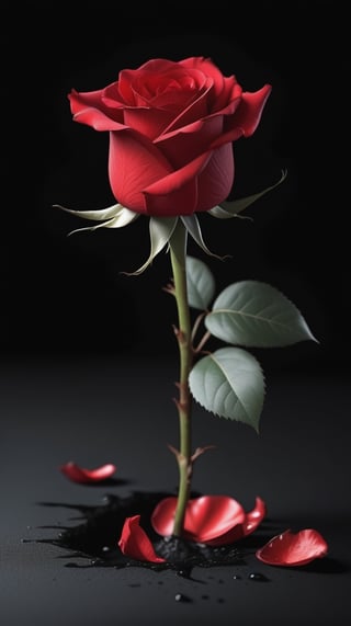 blank pure black backround with one red blooming rose,beautiful and lustful,the petals are falling on the ground,with a thin root system,
photorealistic，

