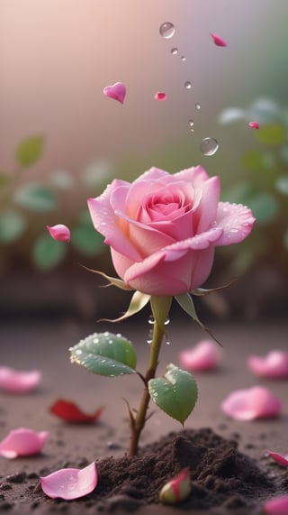  blurred background, a pink rose with 2 leaves sprouting from the soil and covered in dew, vibrant and flawless, (falling petals:1.2),and the petals falling to the ground and formed a heart shape
photorealistic

