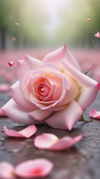 one pink blooming rose,(falling petals),blur background, and the petals formed a heart shape on the ground,
photorealistic

