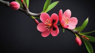 a peach tree branch with red flowers and buds, simple lightblack background, close up,sharp focus, colorful, high contrast, detailed flower petals, fresh green leaves, soft natural lighting, delicate and intricate branches, vibrant and saturated colors, high resolution,realistic,masterfully captured,macro detail beautiful 

