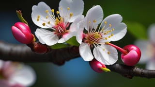 very closeup, a cherry tree branch with flowers, simple lightblack background, sharp focus, colorful, high contrast, detailed flower petals, fresh green leaves, soft natural lighting, delicate and intricate branches, vibrant and saturated colors, high resolution,realistic,masterfully captured,macro detail beautiful 

