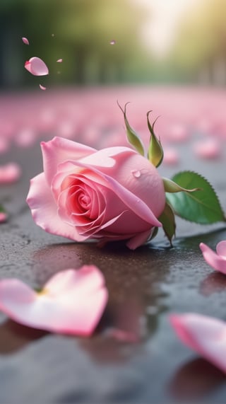 one pink blooming rose,(falling petals),blur background, and the petals formed a heart shape on the ground,
photorealistic

