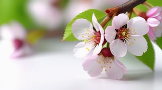 very closeup, a cherry tree branch with flowers, flat white background, sharp focus, colorful, high contrast, detailed flower petals, fresh green leaves, soft natural lighting, delicate and intricate branches, vibrant and saturated colors, high resolution, realistic, fine textures, exquisite details, realistic 3D rendering, artistic composition, bokeh effect, masterfully captured, visually captivating, visually stunning,macro detail beautiful 

realistic,photo_(medium),photorealistic

