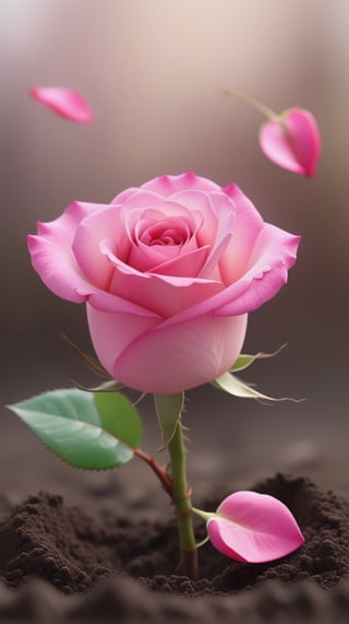  blurred background, a pink rose with 2 leaves sprouting from the soil, vibrant and flawless, (falling petals:1.2),and the petals falling to the ground and formed a heart shape
photorealistic

