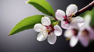 very closeup, a cherry tree branch with flowers, simple lightblack background, sharp focus, colorful, high contrast, detailed flower petals, fresh green leaves, soft natural lighting, delicate and intricate branches, vibrant and saturated colors, high resolution,realistic,masterfully captured,macro detail beautiful 

