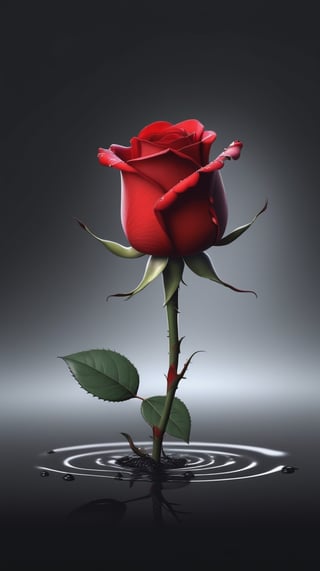 blank pure lightblack backround with one  red blooming rose,beautiful and lustful,the petals are falling on the ground,with a thin root system,
photorealistic，

