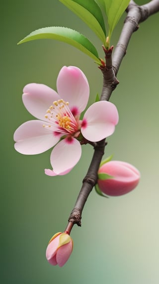 a peach tree branch with one pink flower and one bud, simple pure blank background,colorful, high contrast, detailed flower petals, green leaves, soft natural lighting, delicate and intricate branches, vibrant and saturated colors, high resolution,realistic,masterfully captured,macro detail beautiful 

