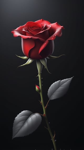 blank pure lightblack backround with one  red blooming rose,beautiful and lustful,the petals are falling on the ground,with a thin root system,
photorealistic，

