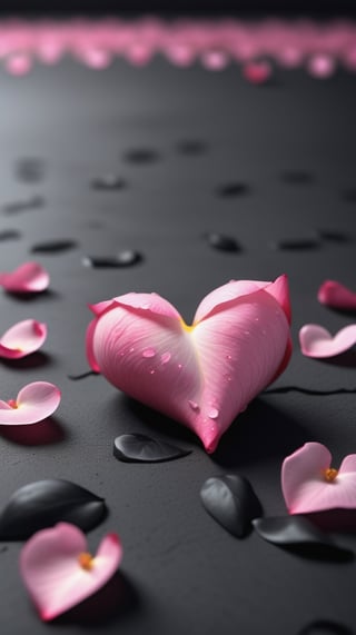 blank pure lightblack backround with one pink blooming rose,(falling petals),blur background, and there are many petals made up a love heart on the ground,with a thin root system,
photorealistic

