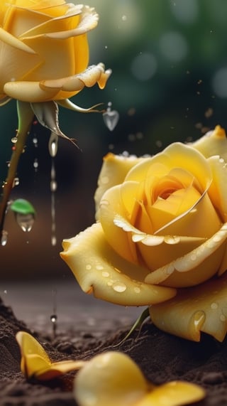 yellow blooming roses grows from the soil,vibrant and dripping with dew like a virgin beauty,(falling petals),(blur background),and the petals formed a lovely heart on the ground,
photorealistic

