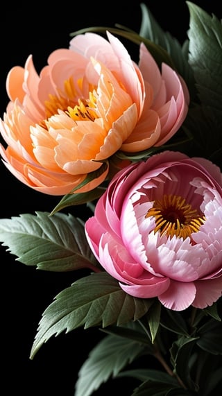 one peony flower with two larger green leaves, colorful, high contrast, detailed, soft natural lighting, vibrant and saturated colors,puer black background, 
empty at the top of the picture

high resolution,realistic,masterfully captured,macro detail beautiful 

