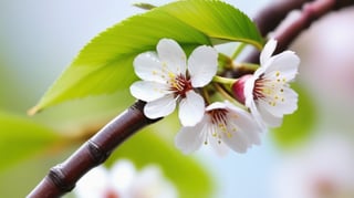 very closeup, a cherry tree branch with flowers, flat white background, sharp focus, colorful, high contrast, detailed flower petals, fresh green leaves, soft natural lighting, delicate and intricate branches, vibrant and saturated colors, high resolution, realistic, fine textures, exquisite details, realistic, bokeh effect, masterfully captured, visually captivating, visually stunning,macro detail beautiful 

realistic,photo_(medium),photorealistic

