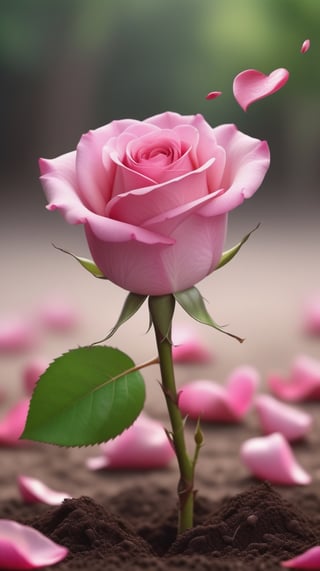 a pink rose with two leaves sprouting from the soil, vibrant and flawless, the background blurred, (falling petals:1.2),and the petals falling to the ground to form a heart shape
photorealistic

