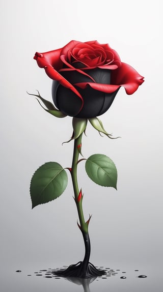 blank pure lightblack backround with one  red blooming rose,beautiful and lustful,the petals are falling on the ground,with a thin root system,
photorealistic，

