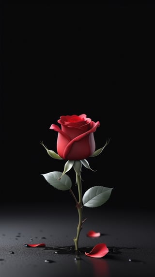 blank pure black backround with one red blooming rose,beautiful and lustful,the petals are falling on the ground,with a thin root system,
photorealistic，

