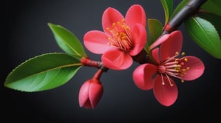 very closeup, a peach tree branch with red flowers and buds, simple lightblack background, sharp focus, colorful, high contrast, detailed flower petals, fresh green leaves, soft natural lighting, delicate and intricate branches, vibrant and saturated colors, high resolution,realistic,masterfully captured,macro detail beautiful 

