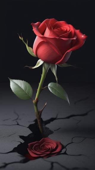 blank pure lightblack backround with one  red blooming rose,beautiful and lustful,the petals are falling on the ground,with a thin root system,
photorealistic，

