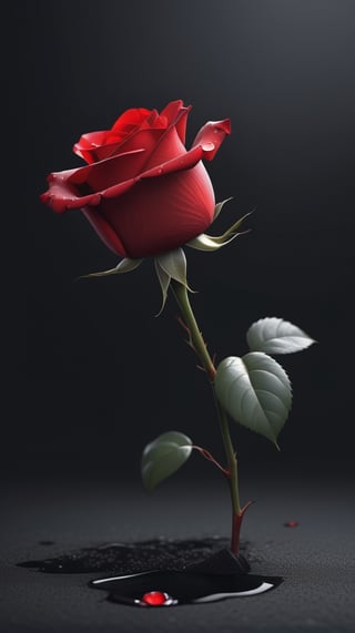 blank pure lightblack backround with one  red blooming rose,beautiful and lustful,the petals are falling on the ground,with a thin root system,
photorealistic，

