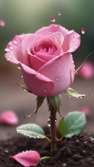  blurred background, a pink rose with 2 leaves sprouting from the soil and covered in dew, vibrant and flawless, (falling petals:1.2),and the petals falling to the ground and formed a heart shape
photorealistic

