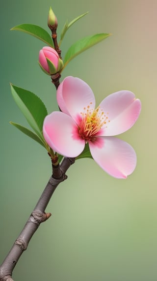 a peach tree branch with one pink flower and one bud, simple pure blank background,colorful, high contrast, detailed flower petals, green leaves, soft natural lighting, delicate and intricate branches, vibrant and saturated colors, high resolution,realistic,masterfully captured,macro detail beautiful 

