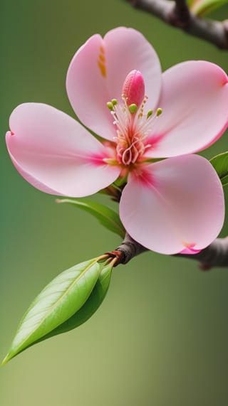 a peach tree branch with one pink flower and one bud, simple pure blank background,colorful, high contrast, detailed flower petals, green leaves, soft natural lighting, delicate and intricate branches, vibrant and saturated colors, high resolution,realistic,masterfully captured,macro detail beautiful 

