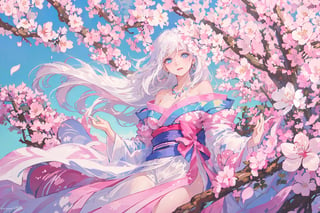 The highest image quality, excellent detail, ultra-high resolution, best illustration, attention to detail, 1girll, exquisite beautiful face, transparent light blue eyes, white hair, kimono, exposed shoulders, accessories, background cherry blossoms falling.