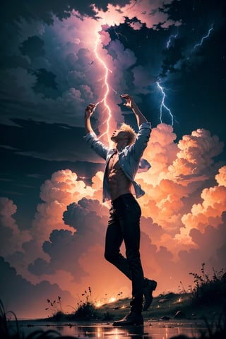 (masterpiece, best quality, extremely high resolution, aesthetic, 8K), a handsome man with blonde hair, hair splits from middle, dark night sky, moon and stars, beautiful clouds, pouring rain, he is very sad, looking up at the sky, closed eyes, spreading his arms, wearing a shirt, dancing in the rain, lightning