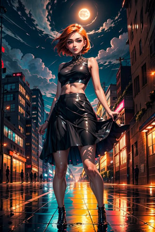 masterpiece,best quality,ultra-detailed,8K,High detailed, Night with atmospheric lighting and beautiful sky, moon and clouds. Colorful vibrant Neon lights. cyperpunk, night city street with cars and billboards. Wet floor and ground after rain reflecting the light. A beautiful 25 year old woman, orange hair, brown eyes, dark red lipstick. Standing. She is wearing a sleeveless cropped top and skirt. Slightly smiling.,Color magic