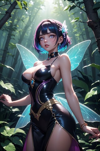 (masterpiece, best quality, extremely high resolution, aesthetic, 8K), cowboy shot from front, a beautiful cute elegant fairy, she has fairy wings, (she is in a colorful vibrant fantastical magical forrest:1.2), (glowing colorful magical flora:1.3), (beautiful glowing eyes:1.2), looking at viewer, beautiful blue sky, godrays shining through the top trees, mystical lighting, backlit, (translucent, iridescent:1.3), vibrant Colors, rich colors,