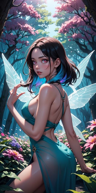 (masterpiece, best quality, extremely high resolution, aesthetic, 8K), cowboy shot from front, a beautiful cute elegant fae, she has fae wings, (she is in a colorful vibrant fantastical magical forrest:1.2), (glowing colorful magical flowers:1.3), (beautiful glowing eyes:1.2), looking at viewer, beautiful blue sky, godrays shining through the top trees, mystical lighting, backlit, (translucent, iridescent:1.3), vibrant Colors, rich colors,