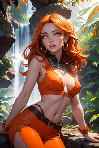 (masterpiece, best quality, high resolution), cowboy shot, a beautiful girl exploring the jungle, bright orange hair, medium hair, (wearing jungle explorer gear), (waterfall, rays of light hitting the waterfall creating a rainbow, exotic rainbow-colored bright plants and flowers, exotic flora and fauna), jungle animals, sun rays shining through top trees, (beautiful detailed orange eyes:1.6), (extremely detailed face, picture-perfect face), (amazed facial expression), (supermodel, slim, perfect female body), earrings, vibrant colors, rich colors, score_9,